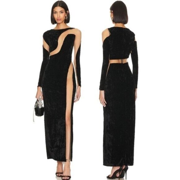 NBD Fareena Long Sleeve Mesh Sheer Formal Black Velvet Maxi Dress Small NWT flaw - Picture 1 of 8
